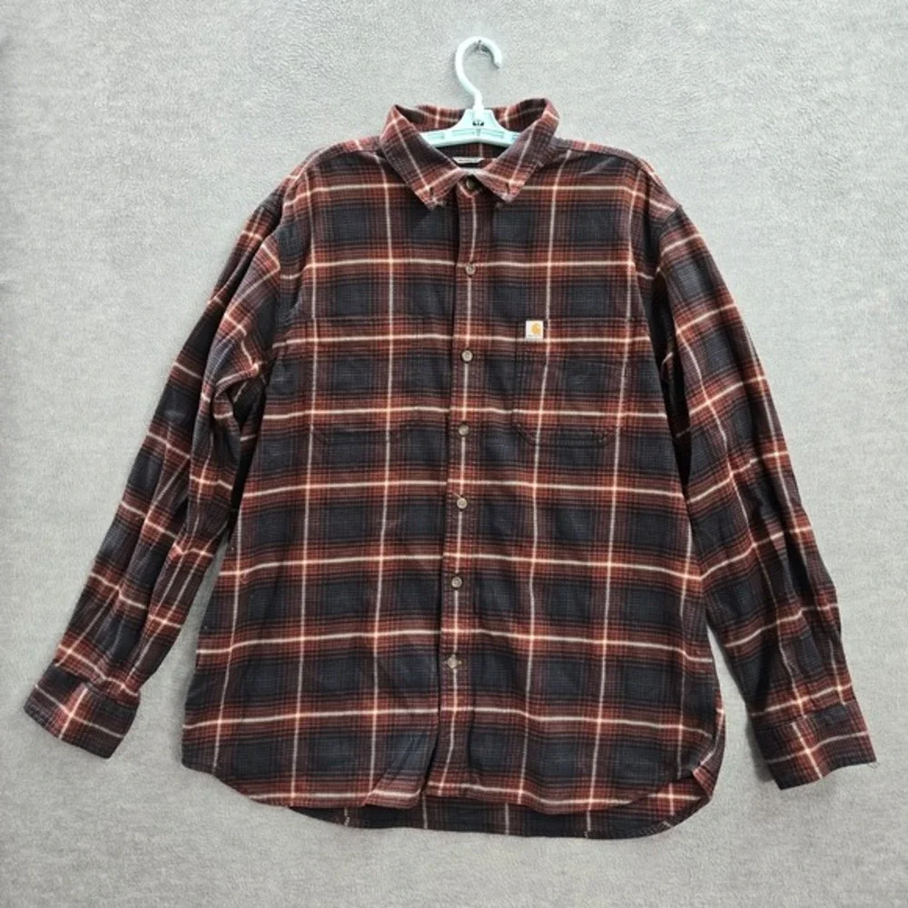 Carhartt Men Button Up Shirt XL Red Plaid Logo Flannel Hamilton Relaxed